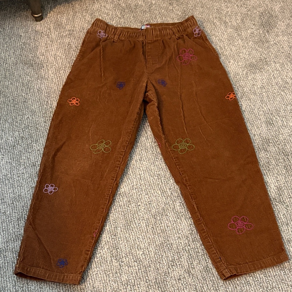 Urban Outfitters Brown Corduroy Straight-Leg Pants with Embroidered Flowers